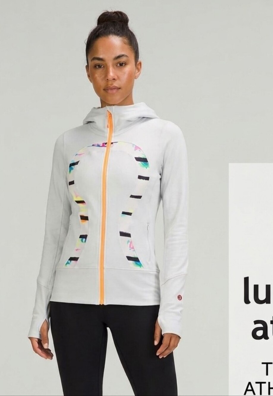 Vintage Lululemon White Full-Zip Hoodie with Coral Zip and Multicolor Accents